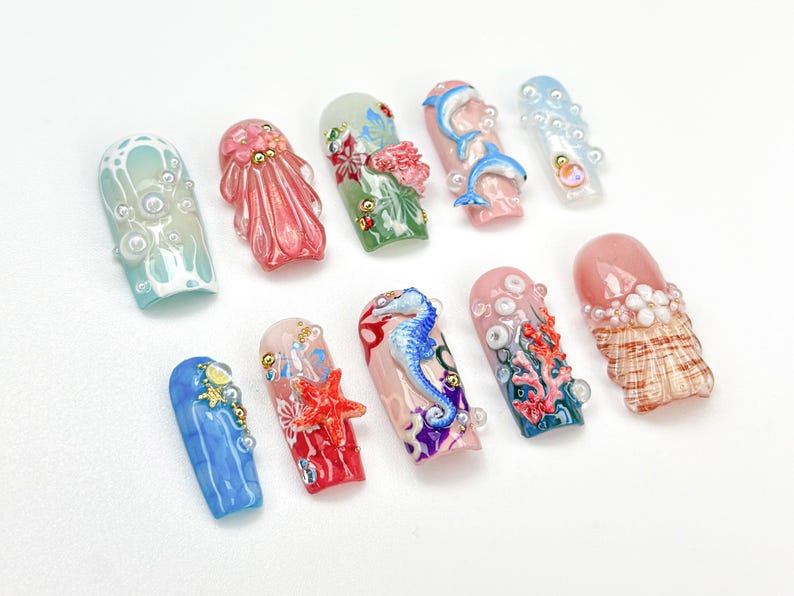 Summer Press On Nails with 3D Seashells and Pearls | Mermaid Dolphin Coral Shell Design | Summer Beach Vibe Nails | Sea Life Nails | JB923H