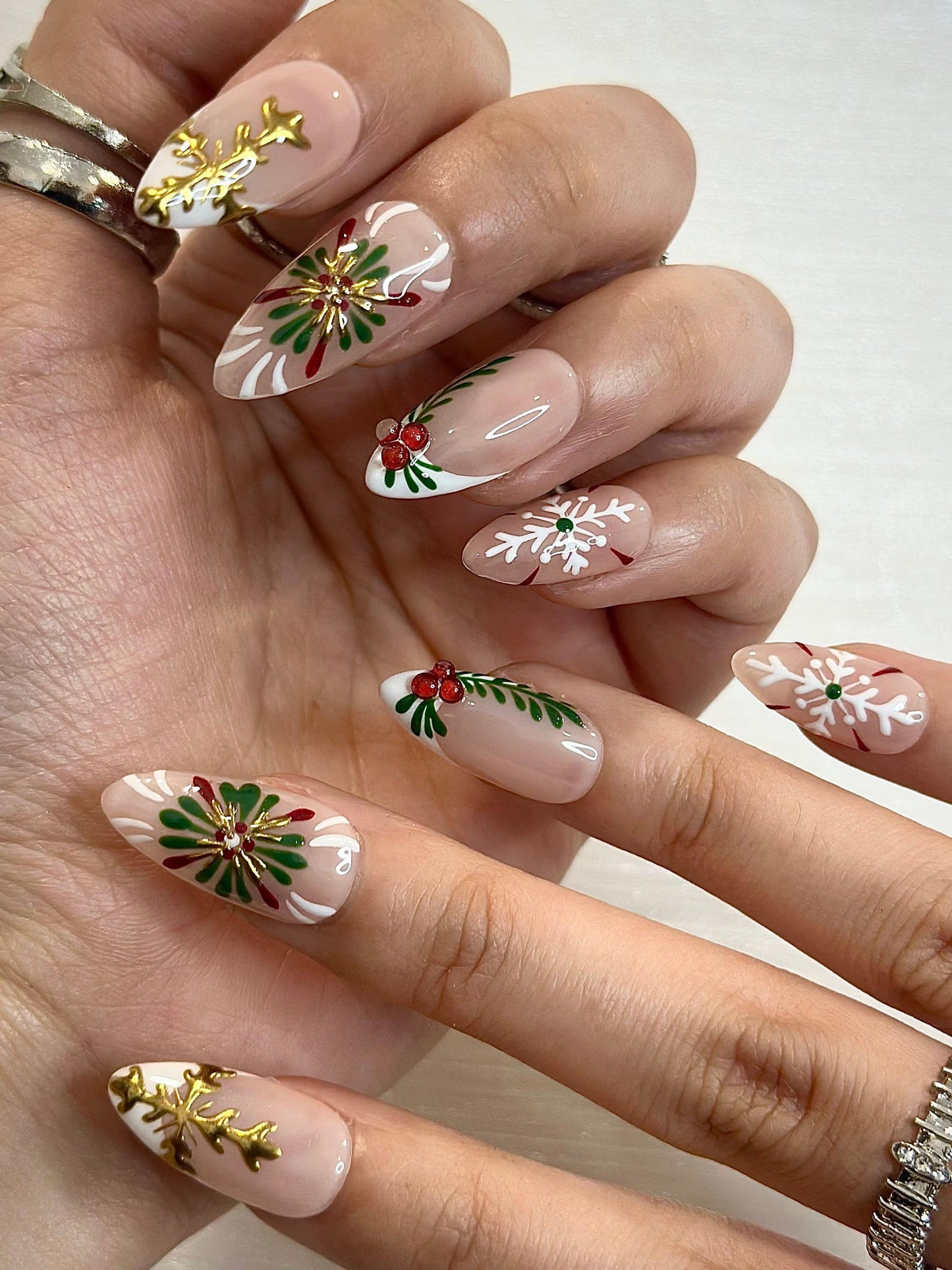 Holly Berry Christmas Press On Nails | Nude Winter Holiday Nails | Elegant Green & Red Press Ons | Festive Minimalist Nail Art | JC243HC
