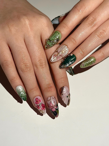 Asian Inspired Luxury Press On Nails | Jade Green Gold Floral Nails | Handpainted Pagoda Nail Art | Elegant Statement Press Ons | JB309HC