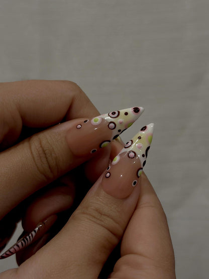 Modern Garden French Press On Nails | Playful Floral & Polka Dot Nails | Luxury Nude Base Press Ons | Playful Garden Nail Art | HC1273EC