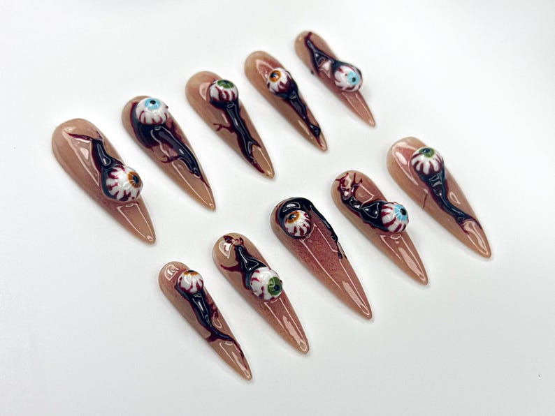 Haunted Eyes Press On Nails | Creepy 3D Eyeball Nail Art | Horror-Inspired Stiletto Nails | Handmade Spooky Halloween Set | HB1066EK