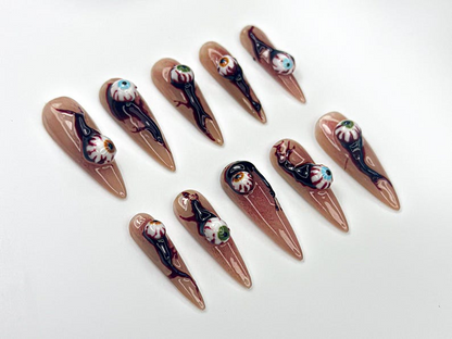 Haunted Eyes Press On Nails | Creepy 3D Eyeball Nail Art | Horror-Inspired Stiletto Nails | Handmade Spooky Halloween Set | HB1066EK