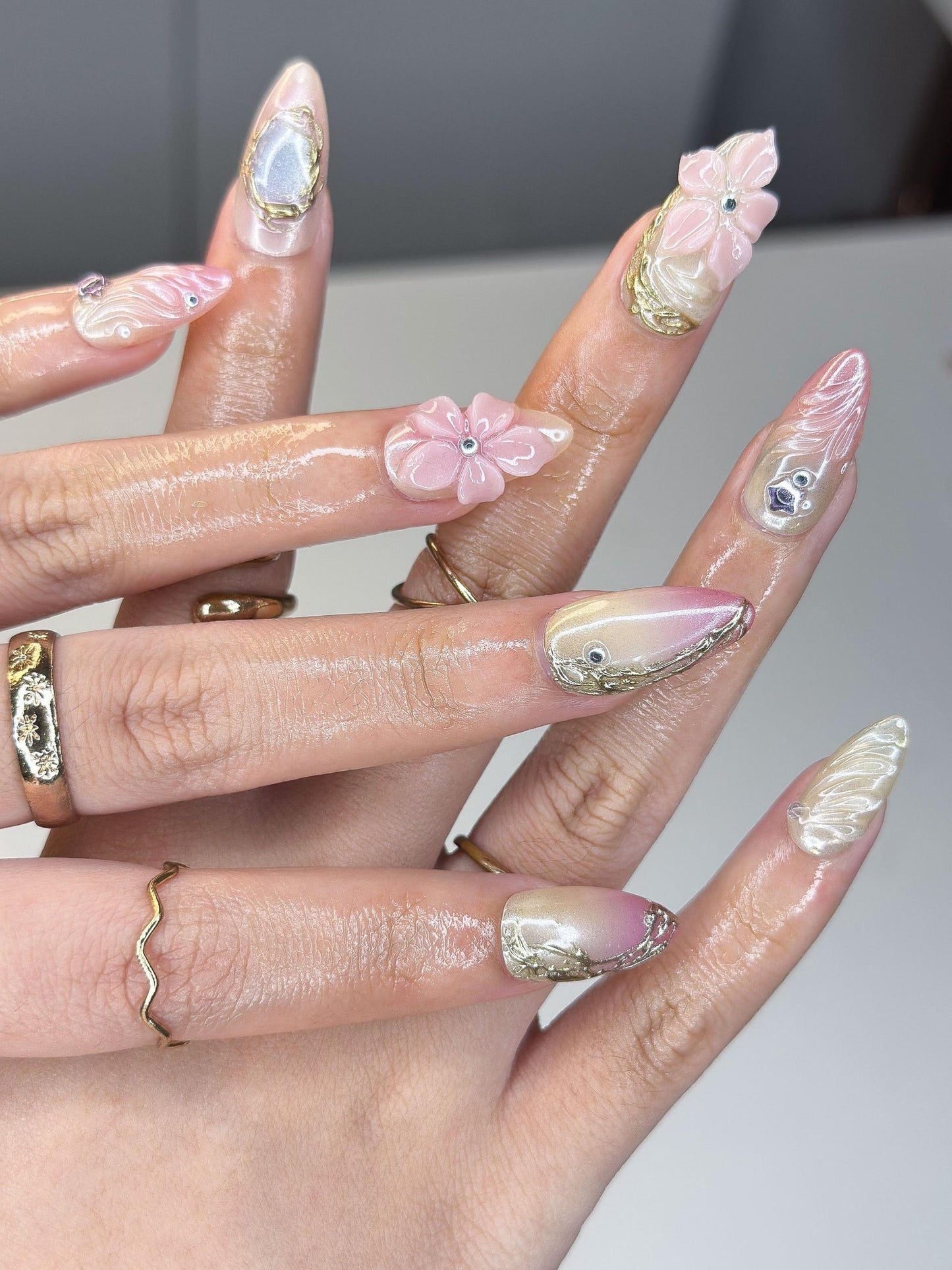 Jisoo MET Gala Inspired Nails | 3D Floral Molten Gold Press Ons | Luxury Pink Ombre Shimmer Custom Celestial Almond Art| OB390IK