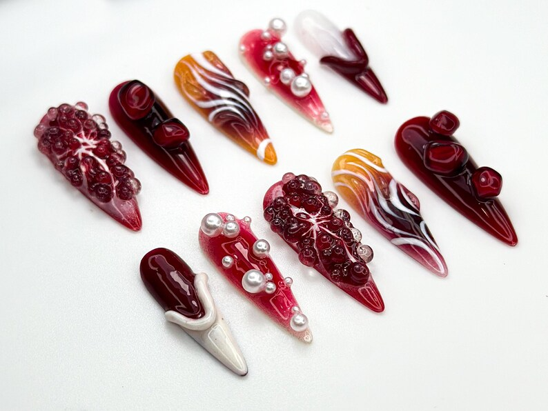 Pomegranate Lava Press On Nails | Deep Red Chrome Fruit Nails | 3D Pearl Fire Nail Art | Garnet Gradient Press Ons | Artistic Red | JB858H
