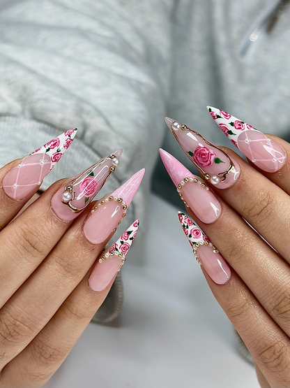 Vintage Rose Stiletto Press On Nails | Pink Rose Bridal Nails for Women | French Tip Floral Nails | Pearl Gold Nail| Romantic Nail |HB1276HC