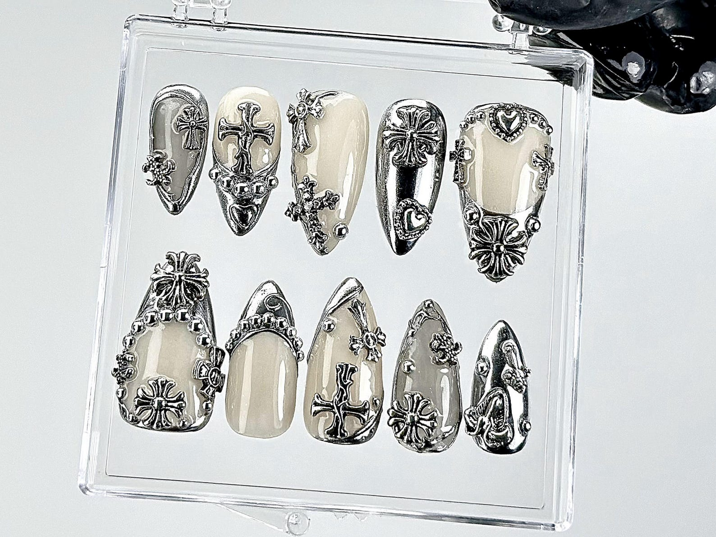Gothic Chrome Press On Nails | Silver Gothic Fake Nails | Punk Rock Chrome Nail Art | 3D Cross Gothic Press Ons | Fashion Nails | HB889YK