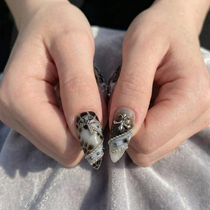 Gothic Smoke Cross Press On Nails | Black White Flame Nails | Silver Cross & Rhinestone Nail Art | Dark Baroque Statement Nails | Long Stiletto Press Ons