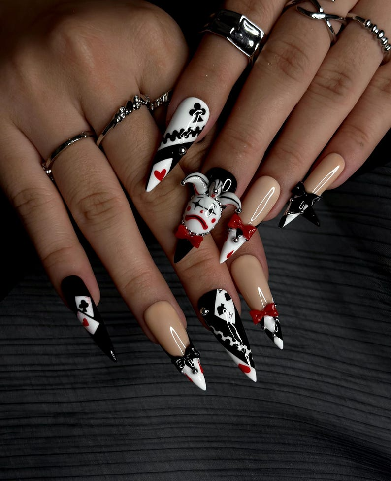 Harlequin Joker Halloween Press On Nails | Black White Red Gothic Nail Art | 3D Clown Accent Stiletto Nails | Playing Card Inspired |JB194EC