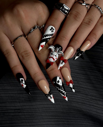 Harlequin Joker Halloween Press On Nails | Black White Red Gothic Nail Art | 3D Clown Accent Stiletto Nails | Playing Card Inspired |JB194EC