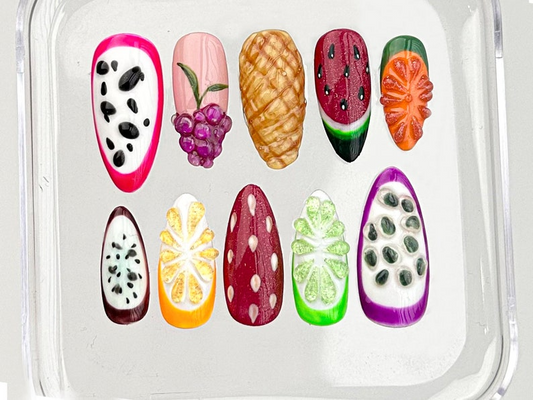 Fruit-themed Press On Nails for a Splash of Color | Tropical Delight On Fake nails | Vibrant Fruit Delight Nail Art | Acrylic Nails | HB360T