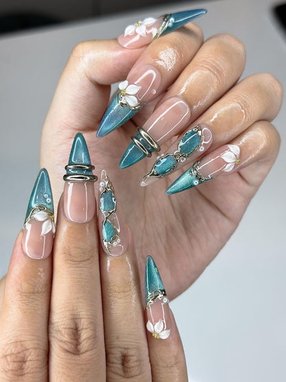 Teal Cat-Eye & 3D White Bloom Nails | Antique Gold Chrome Accents | Luxury Botanical Magnetic Stiletto Art | Elegant Nails | JB379IK