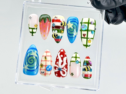 Whimsical Summer Picnic Press On Nails | 3D Strawberry & Bee Fake Nails | Colorful Gingham Nail Art | Candycore Vibes Press Ons | HB897YC