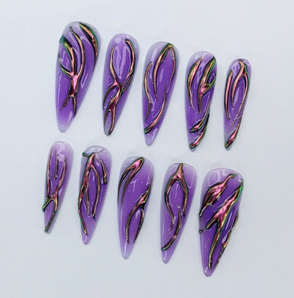 Purple Chrome Flame Press-On Nails | Long Stiletto Shape | Halloween Party Nails |Custom Hand-Painted Nails | Gothic Nail Art |Nails|JC478DK