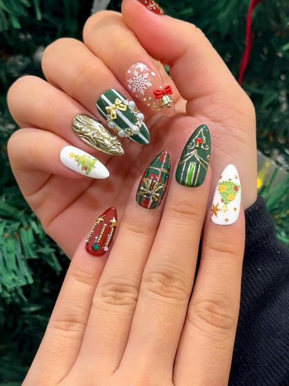 Luxury Christmas Ornament Press On Nails | Green–Red Holiday Nail Art | 3D Ornament & Bow Nails | Winter Festive Press Ons | JC250EK
