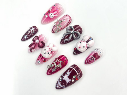 Merry Bunny Christmas Press On Nails | Red And Pink Festive Nail Art | 3D Bunny & Bow Charms | Starry Holiday Glam Nails | HB1177BC