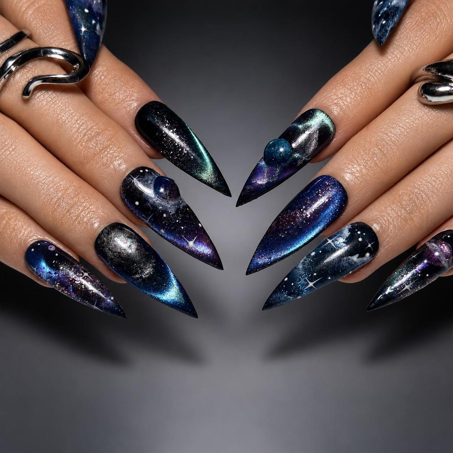 Galaxy Space Press On Nails Long Stiletto • 3D Planet Art • Nebula Milky Way Handpainted Stars • Festival Rave Party • OB1362DG