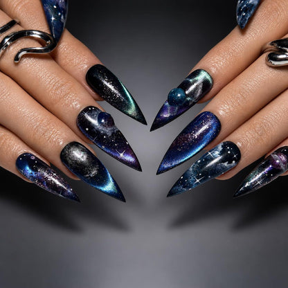 Galaxy Space Press On Nails Long Stiletto • 3D Planet Art • Nebula Milky Way Handpainted Stars • Festival Rave Party • OB1362DG
