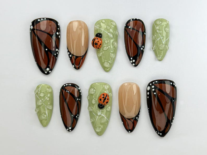 Nature Muse Nail Bundle | 3 Nature-Inspired Press On Nail Sets | Leaf, Butterfly & Floral Art | Reusable Nail Kit|DB103L