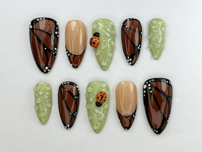 Nature Muse Nail Bundle | 3 Nature-Inspired Press On Nail Sets | Leaf, Butterfly & Floral Art | Reusable Nail Kit|DB103L