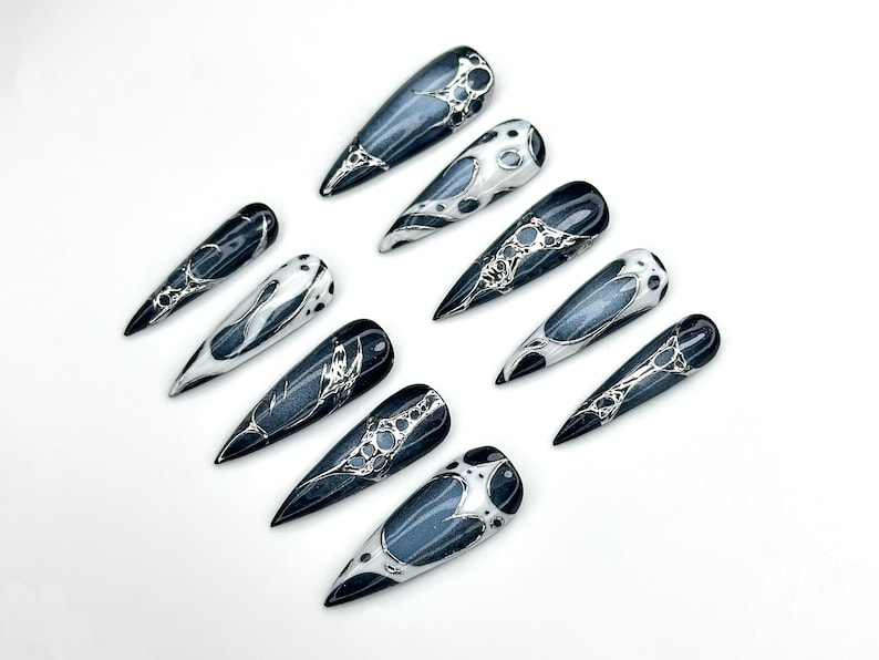 Lunar Eclipse Press On Nails | Black & Silver Metallic Nail Art | Space-Inspired Chrome Design | Gothic Celestial Nails | HC1166BK