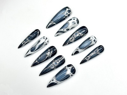 Lunar Eclipse Press On Nails | Black & Silver Metallic Nail Art | Space-Inspired Chrome Design | Gothic Celestial Nails | HC1166BK