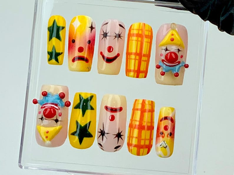 Quirky Clown Faces Press-On Nails | Hand-Painted Circus Nail Art | Fun and Colorful Press Ons | Unique Clown Fake Nails | Halloween |HB585YG