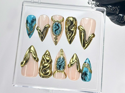 Metallic Turquoise Gold Press On Nails | Luxury Abstract Chrome Fake Nails |3D Sculpture Nail Art | Stone Acrylic Nails|HB833YC