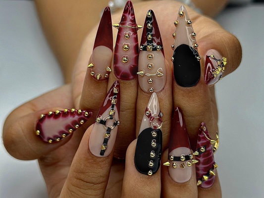 Gothic Punk Press On Nails | Red Marble & Studded Spiked Nail Art | Handmade Long Stiletto Nails | HC993EP