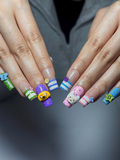 Adventure Time Press On Nails | Finn & Jake Cartoon Nails | Cute Kawaii Character Nail Art | Colorful 3D Nails | Fun Press Ons | JB331HC