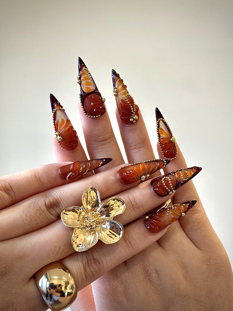 Amber Fall Press On Nails | Brown & Gold Ombre Nail Art | 3D Swirl Nails | Luxury Long Stiletto Nails | Elegant Glam Press Ons | JB174HC