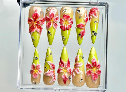 Lime Blossom Fantasy Press On Nails | 3D Tropical Flower Nail Art |Neon Green & Pink Ombre Nails | Summer Bloom Stiletto Press Ons |HB1019EK