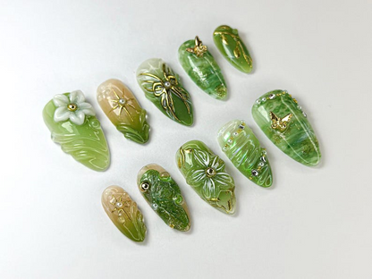 Hand-Painted Forest Green Press On Nails | Botanical Nail Design | Green Nature-Inspired Nails | Green Nature-Inspired Nails | JB705HK