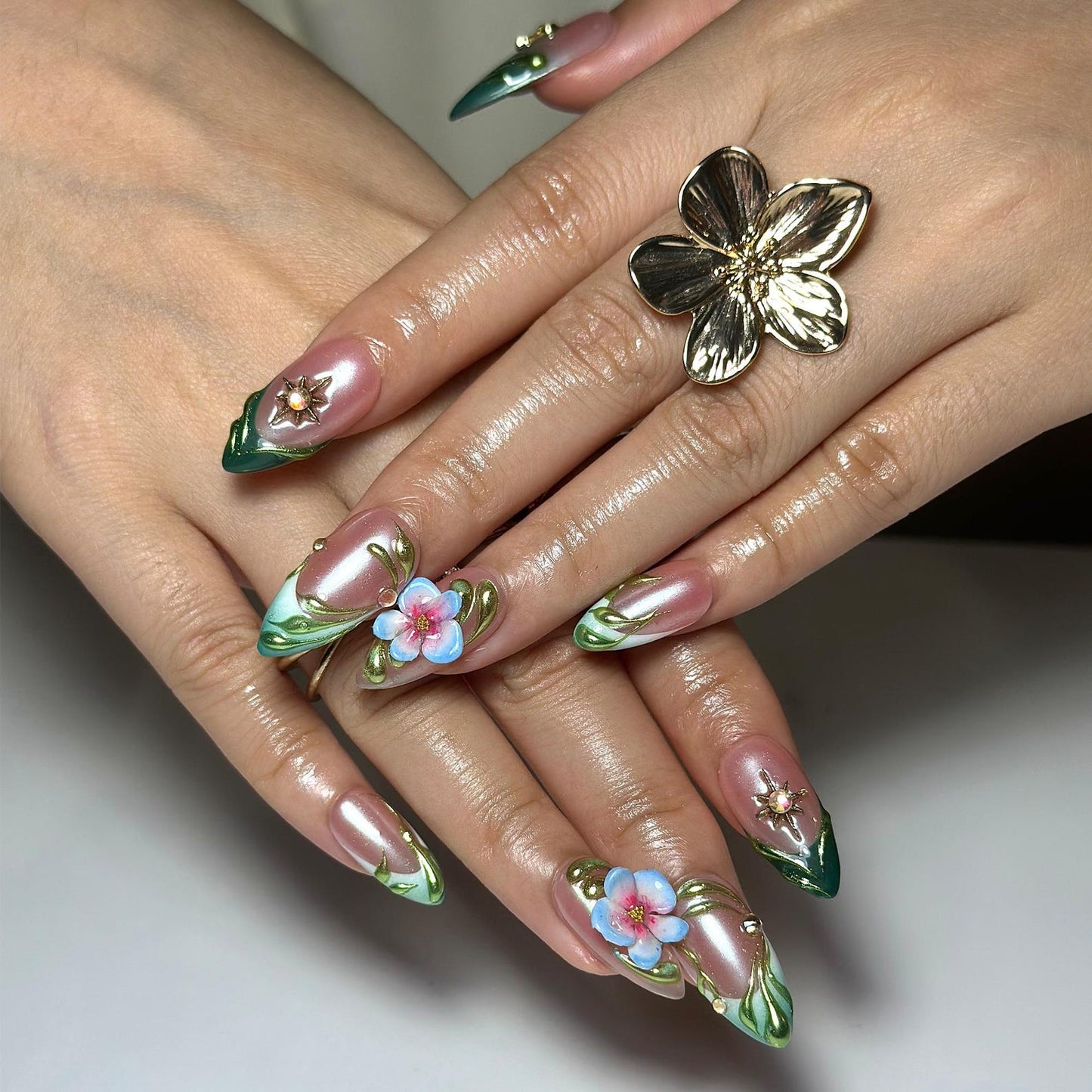 3D Floral Press On Nails | Green Leaf Pink Chrome Nails | Handmade Flower Nail Art | Elegant Spring Nails | Luxury Almond Nails | HC1308NC