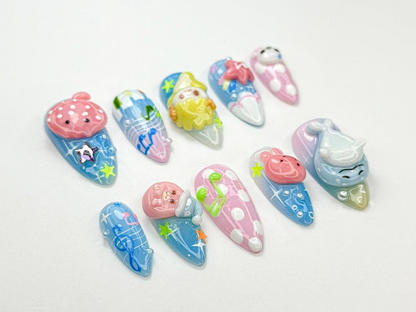 Kawaii Summer Press On Nails | 3D Pastel Marine Animals | Kawaii Sea Nail Art | Cartoon Seal Whale Jellyfish Nails | Summer Nails | JB890HC