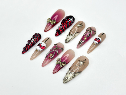 Elegant Christmas Press On Nails | Holiday Chrome Nail Art | Winter Festival Nails | Red Gold Bow Design | Handmade Gift for Her | JB1190BK