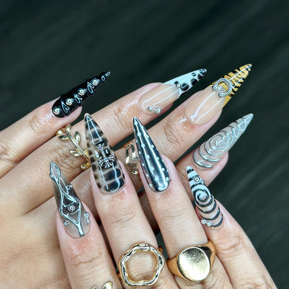 Gothic Silver Black Press On Nails | Spiral Gothic Nail Art | 3D Cross & Spiral Fake Nails | Punk Style Press Ons | Dark Nails | HC533YC