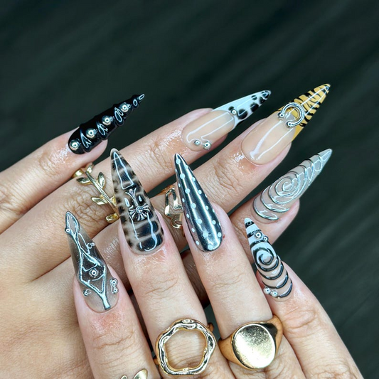 Gothic Silver Black Press On Nails | Spiral Gothic Nail Art | 3D Cross & Spiral Fake Nails | Punk Style Press Ons | Dark Nails | HC533YC
