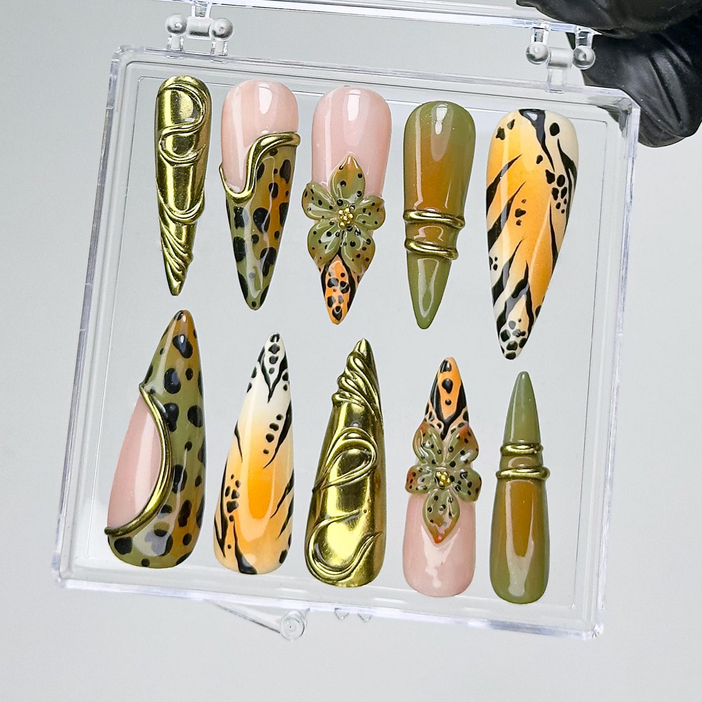 Jungle Safari Glam Press On Nails | Gold 3D Embellished Leopard Fake Nails | Olive & Mustard Animal Print Nail Art | Exotic Nails | HB733YK