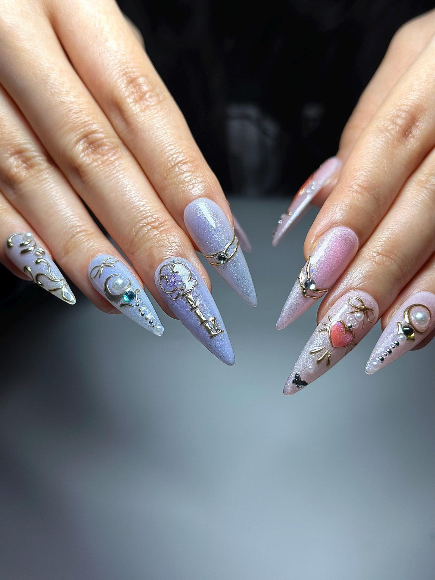 Pastel Cat Eye Press On Nails | Pink Purple Ombre Nails | Cute Heart Bow Nail Art | Elegant Gold Detail Nails| Fairycore Press Ons| HC1307HC