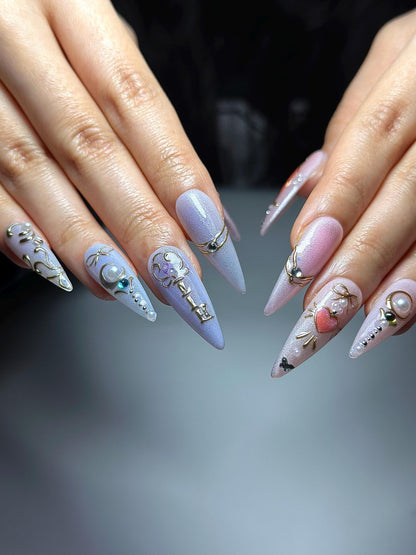 Pastel Cat Eye Press On Nails | Pink Purple Ombre Nails | Cute Heart Bow Nail Art | Elegant Gold Detail Nails| Fairycore Press Ons| HC1307HC