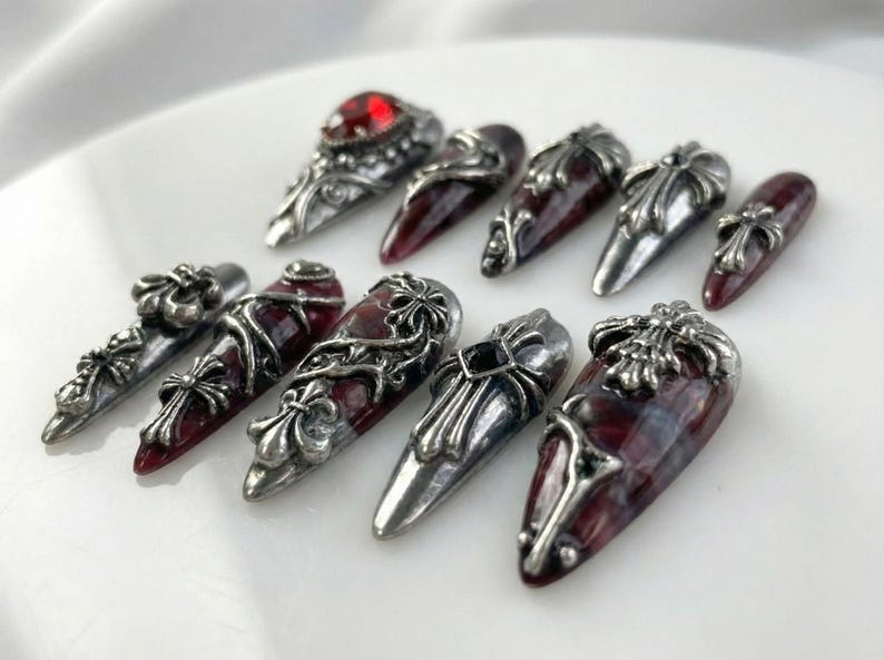 Gothic Blood Cross Press On Nails | Dark Red Medieval Nails | Silver Armor Nail Art | Gothic Cross Statement Nails | JB265EK