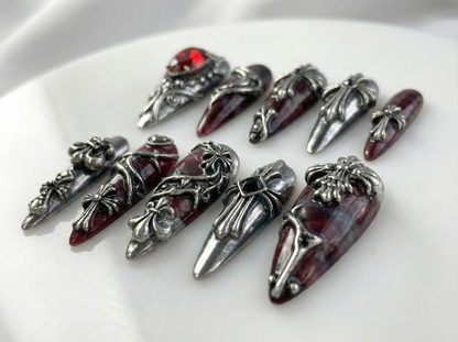 Gothic Blood Cross Press On Nails | Dark Red Medieval Nails | Silver Armor Nail Art | Gothic Cross Statement Nails | JB265EK