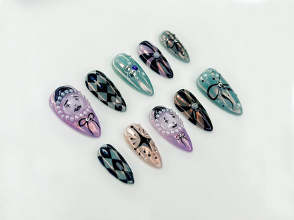 Harlequin Masquerade Halloween Press On Nails | Diamond Pattern & 3D Face Nail Art | Gothic Circus-Inspired Nails | HC1089EK
