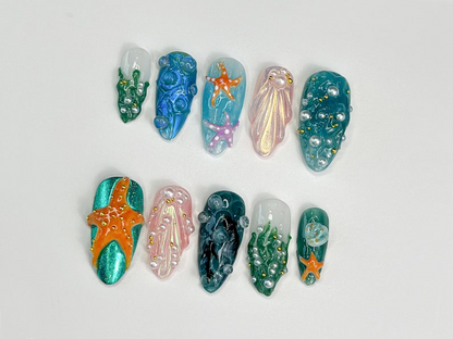3D Tropical Beach Press On Nails | Ocean-Themed with Seaweed, Seashells, and Starfish | Handmade Press On Nails | JB316SL