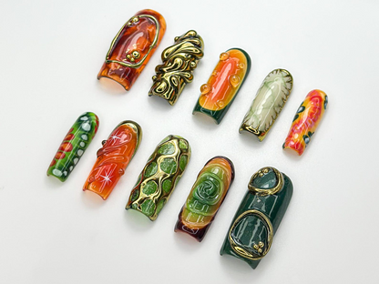 Retro Jungle Luxe Press On Nails | 3D Gold Abstract Nail Art | Green & Orange Swirl Press Ons | Handmade Statement Nails | JB976HC