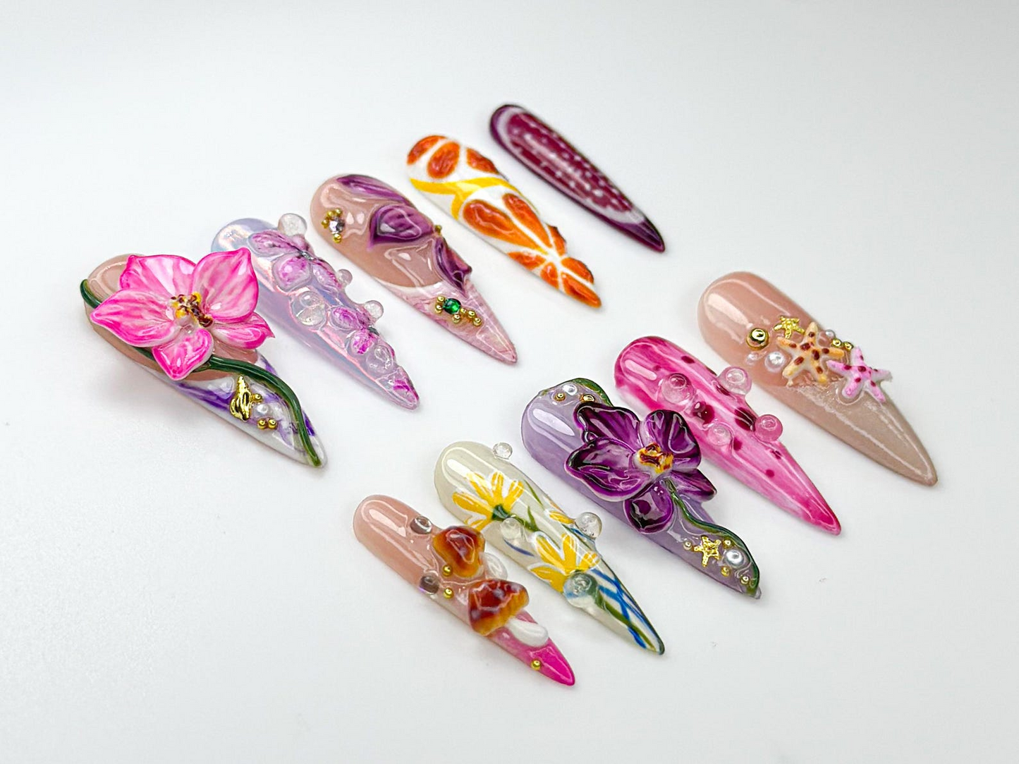 Summer Press On Nails Tropical Bloom | 3D Orchid & Fruit Nail Art | Colorful Summer Flower Design | Handmade Nature Nails | JB983HC