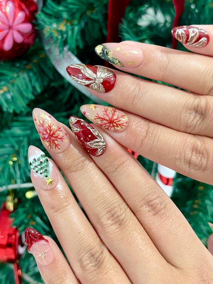 Red & Gold Christmas Press On Nails | Holiday Bow Nails | Festive Snowflake Nail Art | Elegant Press Ons | Winter Glam Nails | JB256HC