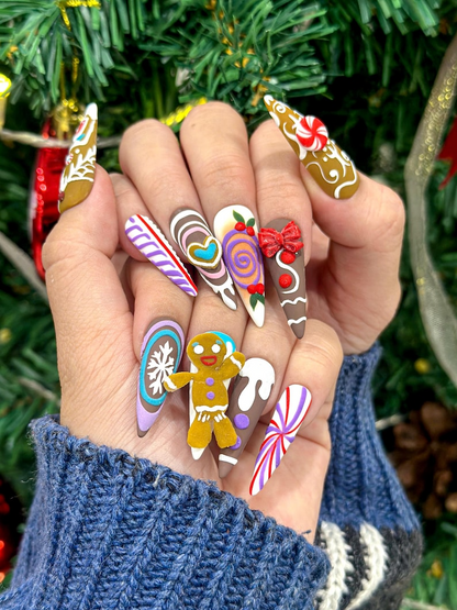 Gingerbread Candy Christmas Press On Nails | Festive Dessert Christmas Nail Art | Christmas Dessert Nail Set | DB925EC
