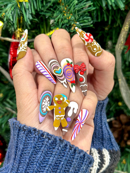Gingerbread Candy Christmas Press On Nails | Festive Dessert Christmas Nail Art | Christmas Dessert Nail Set | DB925EC