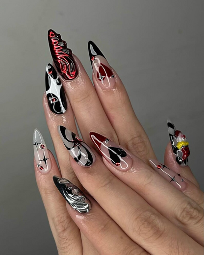 3D Harlequin Clown Press On Nails | Red Black Chrome Swirl Design Fake Nails | Gothic Alt Nail Art | Creepy Cute Clown Nails | HB935YK